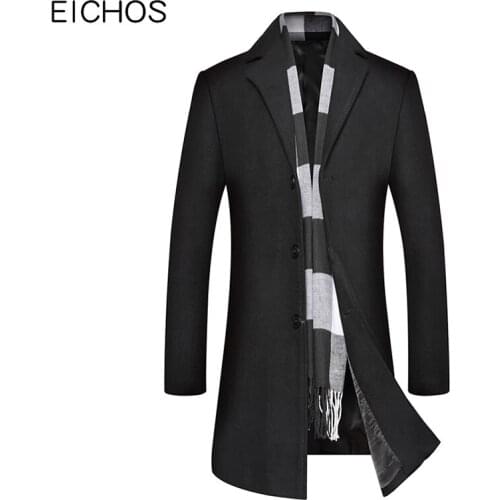 2019 Autumn Men Coat Wool Jacket Solid Single Breasted Fashion Overcoat Men Slim Fit Turn-down Collar Wool & Blends Peacoat