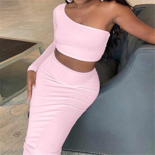 2021 Autumn Skirt Two Piece Set Solid Long Skirts+One Shoulder Crop Top Eleagnt Sexy Vacation Club Matching Party Clothes Outfit