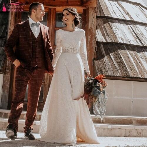 Long Sleeve Lace Wedding Dresses O-Neck A Line Charming Bridal Gowns Backless High Split Robe De Soriee ZW488