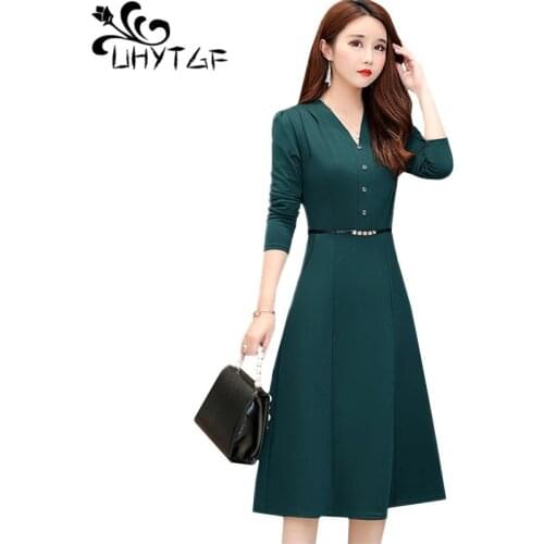 UHYTGF dresses women solid color V-neck pullover Autumn winter dress women fashion big swing elegant bandage dress vestidos 1421