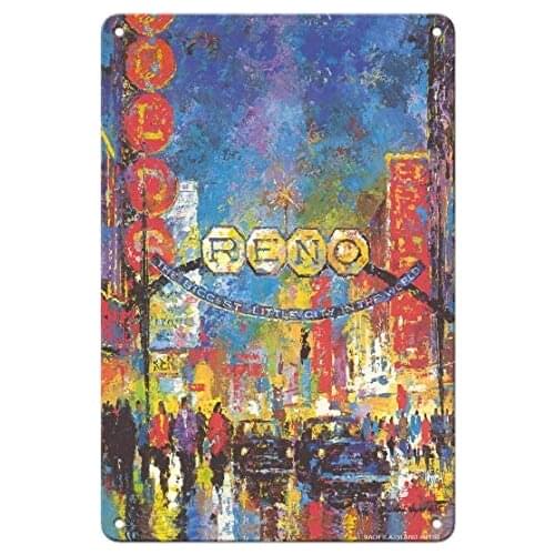 Reno, Nevada - The Biggest Little City in The World - Casinos by Jack Laycox c.1980s Metal Tin Sign