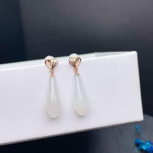 SHILOVEM 18k yellow gold real Natural white Jasper drop earring classic fine Jewelry women wedding gift 8*17mm myme08176692hby