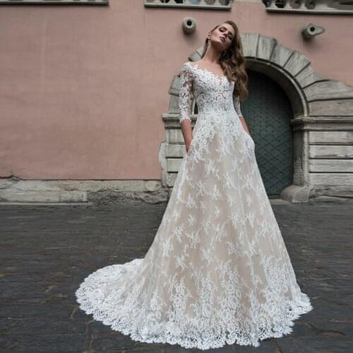 Custom Made Scoop Lace Beading A-line Wedding Dresses With Pockets Sweep Train Half Sleeves Bride Dress robe de mariee 2020