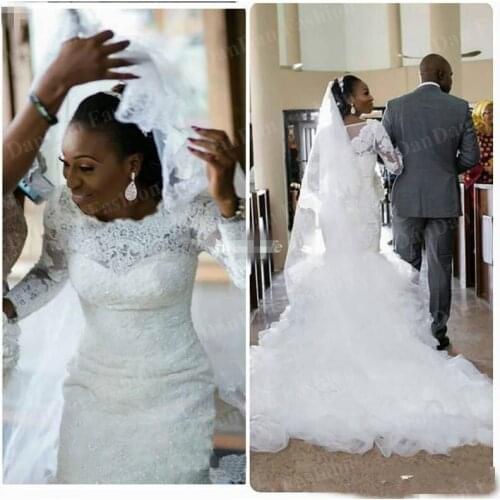 African Mermaid Wedding Gowns 2021 Vestido De Noiva Black Girl Women Long Sleeve Lace Bridal Dresses Custom Made