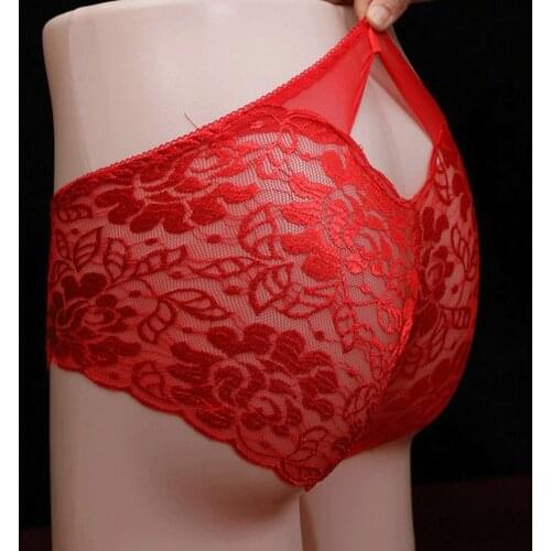 Men Breathable Lace See-through Underwear Sexy Gay Bugle Pouch Briefs Thong Panties Seamless Men Underwear Thong Brief