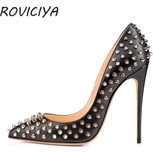 Pumps women shoes silver rivets female woman shoes ladies high heel spring autumn 8-12 cm 33-45 MD010 ROVICIYA
