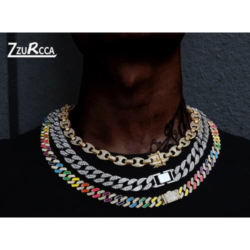 Iced Out Cuban Link Chain Necklace Gold Color Rhinestone Man Necklace Bling Rapper Necklace For Men Hip Hop Jewelry