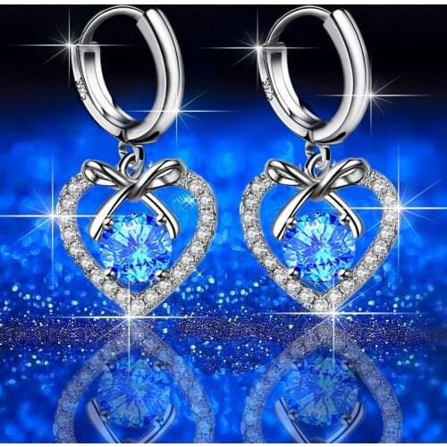 KOFSAC New 925 Sterling Silver Zircon Love Heart Earrings Women Bow Earring Jewelry Cute/Romantic Female Mid-length Earrings