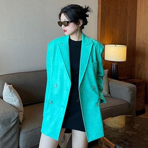 Spring Autumn 2021 Women Green Double breasted Pu Leather jacket Blazer Women New Lapel Long Sleeve Loose Fit Coat Fashion Tide