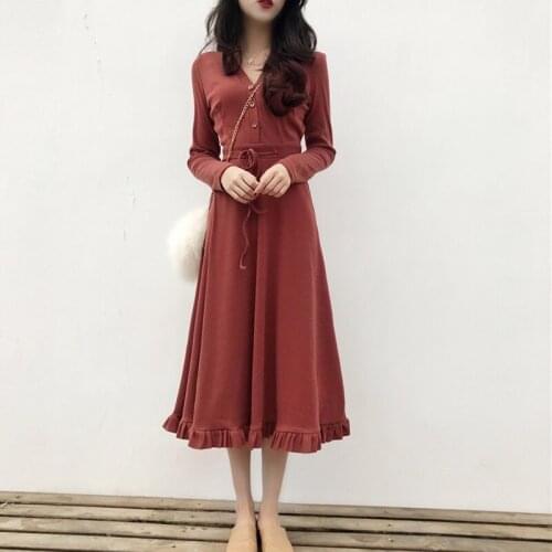 2019 Autumn Winter Knitted Sweater Dress Women Sexy V Neck Long Sleeve A-Line Dress Lady Knit Dress Autumns Belt Vestido DD1601