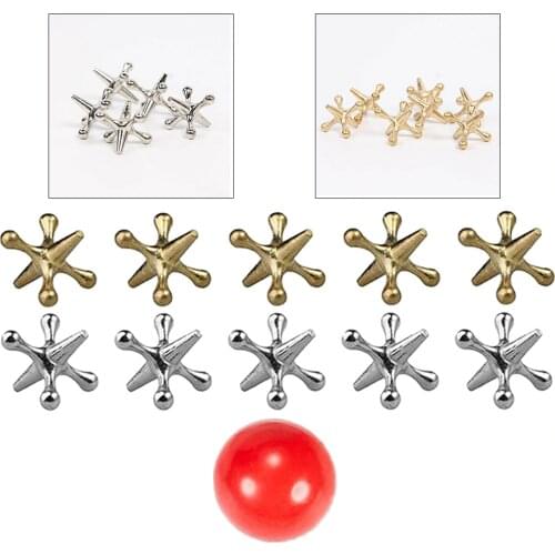 10PCS Gold Silver Metal Play Jacks Game With Bouncy Ball Knucklebones Five Stones Set Child Kids Vintage Classic Party Toys