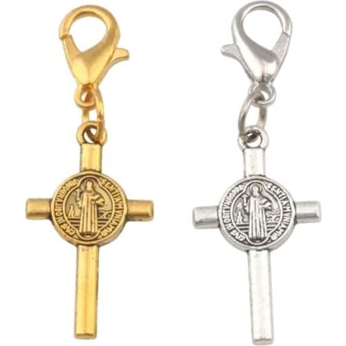 100pcs 2colr Saint Benedict Medal Cross Crucifix Floating Lobster Clasps Charm Bead Fit Bracelet DIY Jewelry 13x37.2mm A569