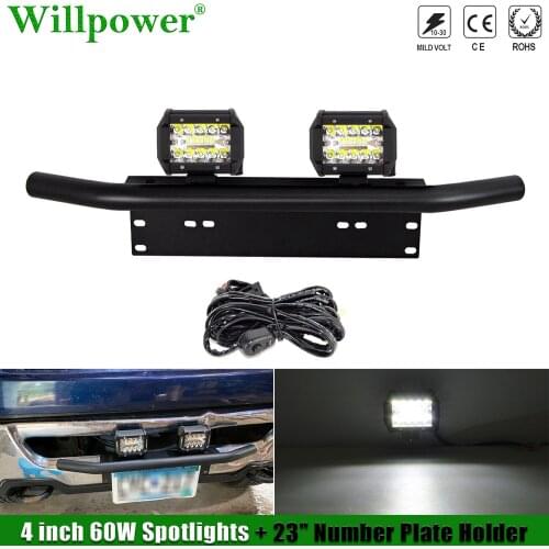 23" SUV Car Number Plate Bracket + LED Light Pods For Jeep 4x4 Truck Offroad 3Row 4" 60W LED Work Light Flood Spotlight w/Holder