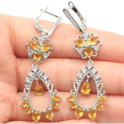 56x20mm Fancy Created Golden Citrine CZ Gift For Womans Jewelry Marking Silver Earrings