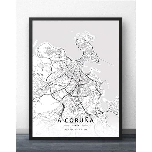 A Coruna Almeria Badajoz Bilbao Catral Gijon Girona Granada Huelva Ibiza Las Palmas Leon Madrid Malaga Spain Map Poster