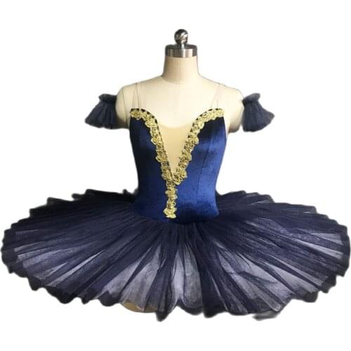 New Arrival of Ballerina Dance Costume Navy Blue Velvet Bodice wih Nude V Neck Ballet Pancake Tutu Pre-Professional Tutus BLL117
