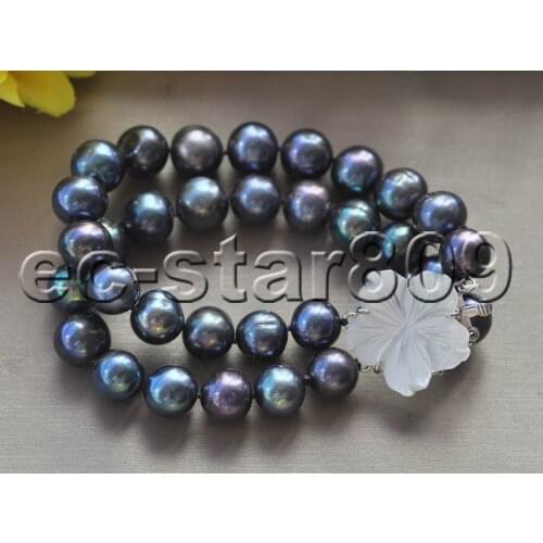 Z11161 2strands 8" 12mm Round Black Freshwater Pearl Bracelet Shell Flower