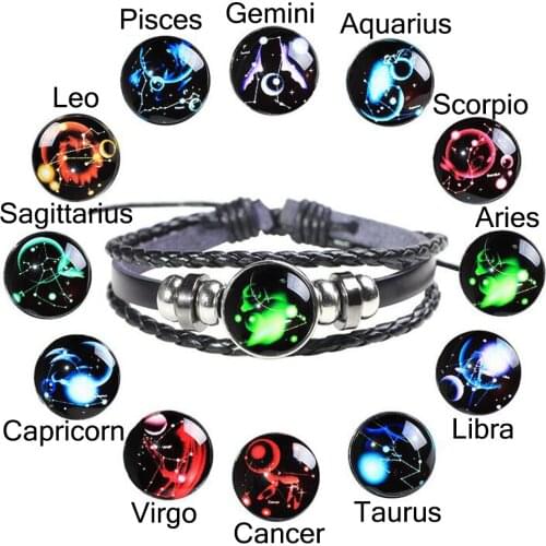 WarBLade 12pcs/set 12 Constellations Bracelets Bangle Fashion Punk Leather Bracelet Zodiac Signs Wristband Jewelry For Men Women