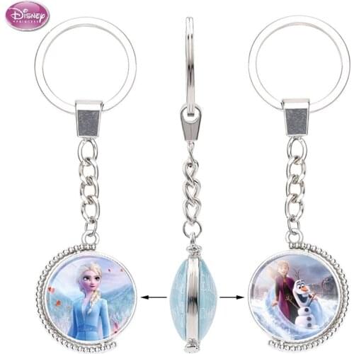Disney Frozen 2 Princess Aisha Anna Time Gemstone Double-sided Rotating Alloy Key Chain Jewelry Make Up Toys For Kids Girl Gift