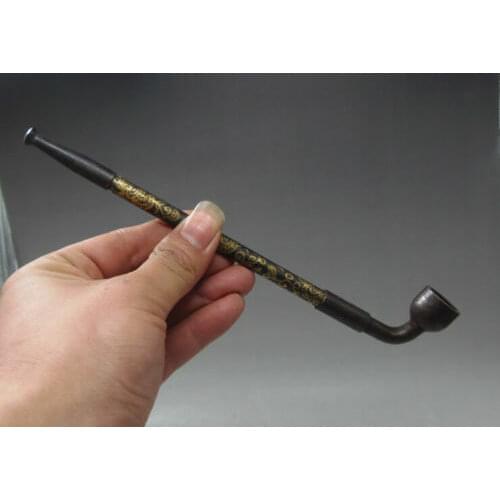 Old Peking Collectibles Decorated Handwork Copper Painting Flower Smoking Pipe