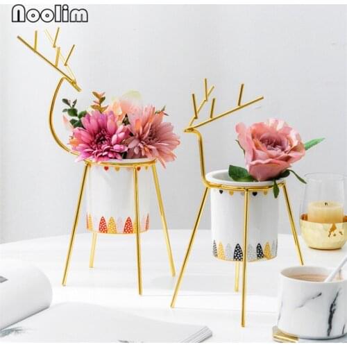 Creative Succulents Plants Pot Ceramic Planter White Porcelain Nordic Flower Pot with Iron Deer Holder Bonsai Potted Home Decor