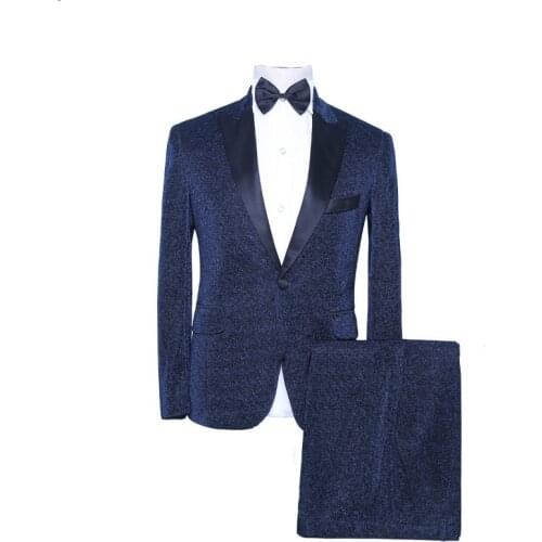 Mens Dark Blue Tuxedo Fashion Slim Fit Groom 2-Piece Suit Singer Drummer Host Party Prom Stage Costume Night Club Male Suits