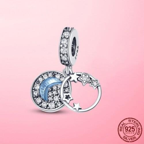 2020 New Hot Sale 925 Sterling Silver Blue Night Sky Crescent Moon & Stars Dangle Charm fit Pandora Bracelet Silver 925 Jewelry