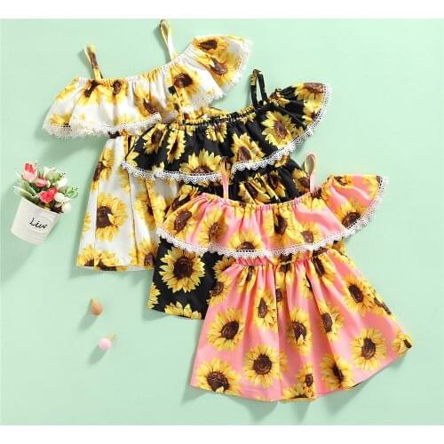 Little Girl’s Casual Suspender Ruffles Dress Fashion Sunflower Boat Neck A-line Princess Dress 18M-6T