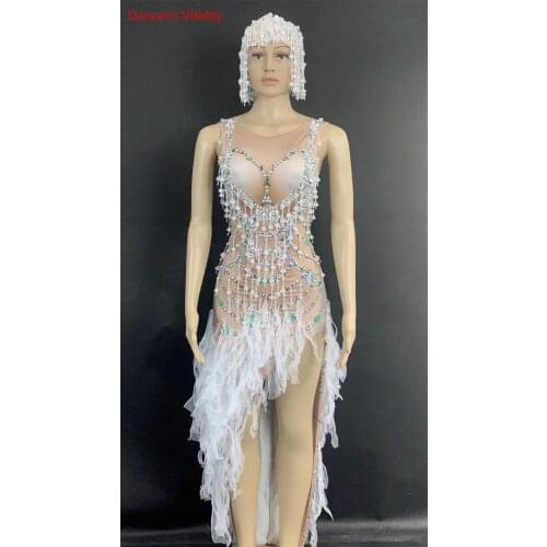 Tulle fringed dress high-end headwear with rhinestones female adult disco Competition show singer jumpsuit outfit