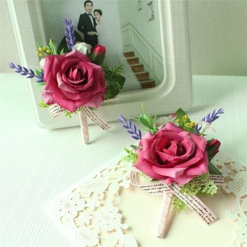 Lovegrace Boutonniere Wedding Corsages and Boutonnieres Pink Rose Silk Flowers Boutonnieres Groom Men Marriage Wedding Accessory