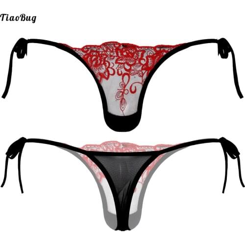 TiaoBug Men See-Through Mesh Embroidered Thongs Low Waist Lace-Up G-String Sissy Gay Briefs Underpants T-Back Panties Underwear