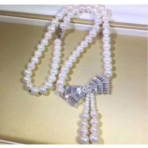 Gorgeous 9-10 mm round white pearl pendant necklace 18inch