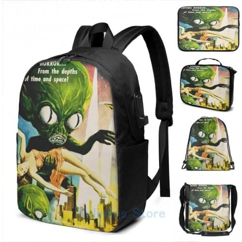 Funny Graphic print INVASION OF THE SAUCER MEN Retro Alien Sci Fi Vintage Movie USB Charge Backpack men School Travel laptop bag