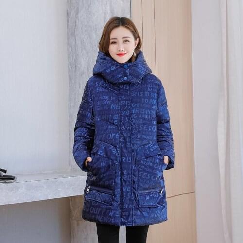 Womens Long Winter Jacket Letter Print Hooded Ladies Casual Parkas Cotton Padded Pockets Puffer Coat for Female Outwear 2021