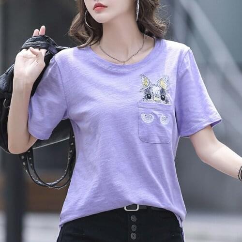 Grace&Taste Fashion Summer 2021 Womens Cotton Loose Short Sleeve T-Shirt Ladies Bamboo Cotton Lovely Bunny Embroidery Tees
