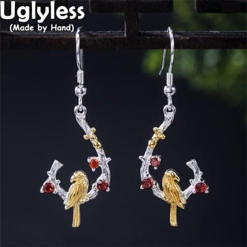Uglyless Poetry Vivid Birds Earrings for Women Handmade Parrots Branches Earrings 925 Sterling Silver Zircons Crystals Brincos