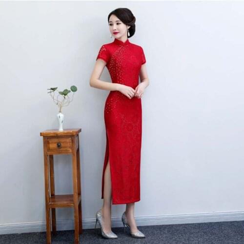 2020 New Women Long Cheongsam Dress Beads Lace Hollow Out Improved Slim Female Dresses Vintage Elegant Dress