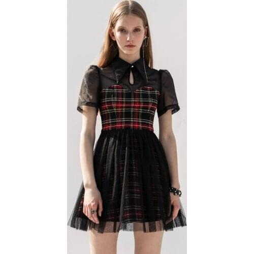 PUNKRAVE Womens Gothic Lace Organza Spliced Dress Sexy Perspective Short Sleeve Palid Short Dress