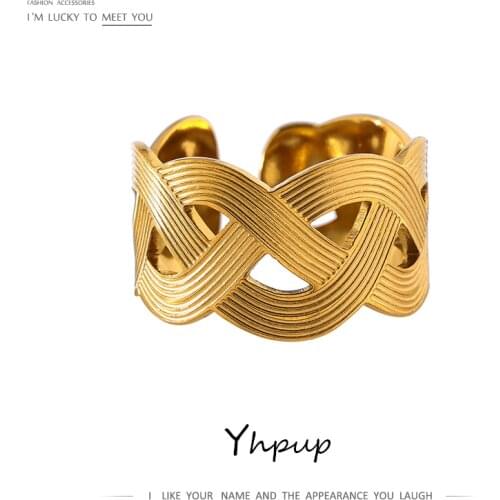 Yhpup Statement Handmade Weave Stainless Steel Ring for Women Fashion Metal Texture Opening Ring Summer Finger Jewelry Gift 2021