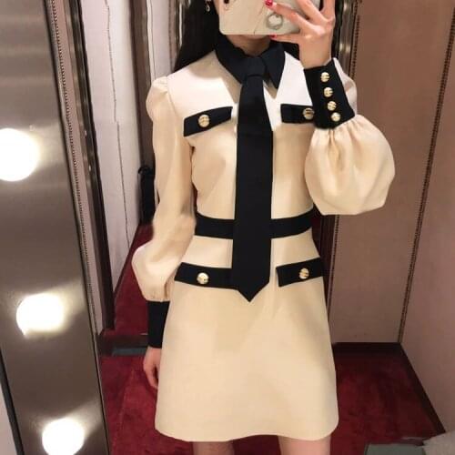 Show New thin waist contrast color turn over collar Lantern Sleeve tie dress female