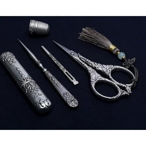 1Set Exquisite Retro Vintage Scissors Needle Storage Tube Awl Needle Thimble Embroidery Scissors Sewing Supplies Fabric Scissors