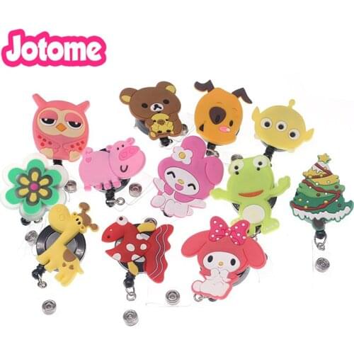 100pcs/lot Cheap lovely cartoon animal style rubber id badge holder Student Retractable Name Card Reel Clip for gift
