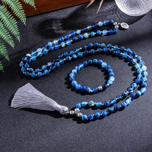 108 Natural 8mm Blue Agate Beaded Knotted Japamala Necklace Meditation Yoga Blessing Jewelry Sets Womens Tibetan Tassel Rosary