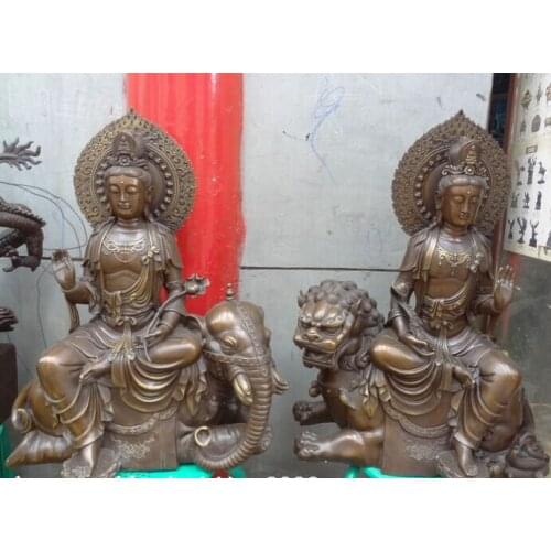 Bi001746 28" Tibet Pure Bronze Buddhist WenShu PuXian Kwan-Yin Ride Elephant Lion Statue