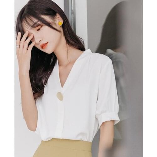 Womens Blouses Loose V-neck Shirt Tops Summer Ladies Short Sleeve Professional Shirts