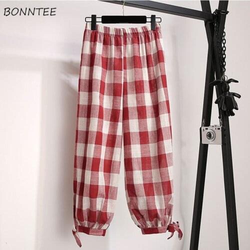 Women Ankle Length Pants Plaid Bandage Casual Retro Elastic Waist Loose Students Trendy High Quality Classic Females Spring Chic