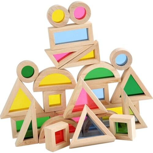 Baby Wood Toy Colorful Kaleidoscope Building Rainbow Acrylic Geometric Shapes Stacked Blocks Tower Construction Building Blocks
