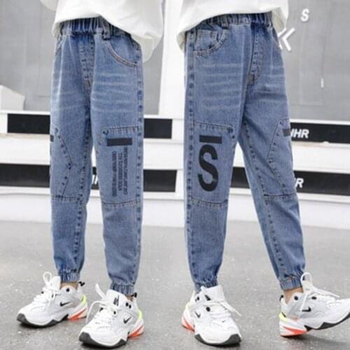 Boys Girls Jeans New Fashion Spring Fall Soft Denim Harem Pants Letter Print Trousers Kids Elastic Waist Blue Jeans 4 To 14Years