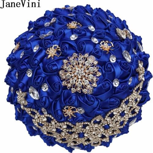 JaneVini Elegant Royal Blue Bridal Bouquet Artificial Satin Roses Flowers Luxury Bride Bridesmaid with Crystal Wedding Bouquet