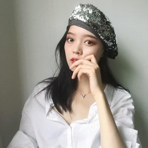 H7476 Womens Sequins Beret Hat Autumn Winter Fashion British Retro Berets Cap Ladies Adjustable Painter Casual All-match Hats